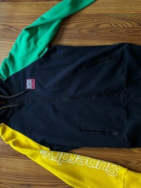 Superdry Black Hoodie with Red Lining and Green Accent (Never worn)